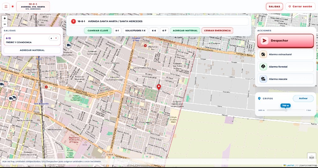 Pantalla de despacho con mapa y acciones